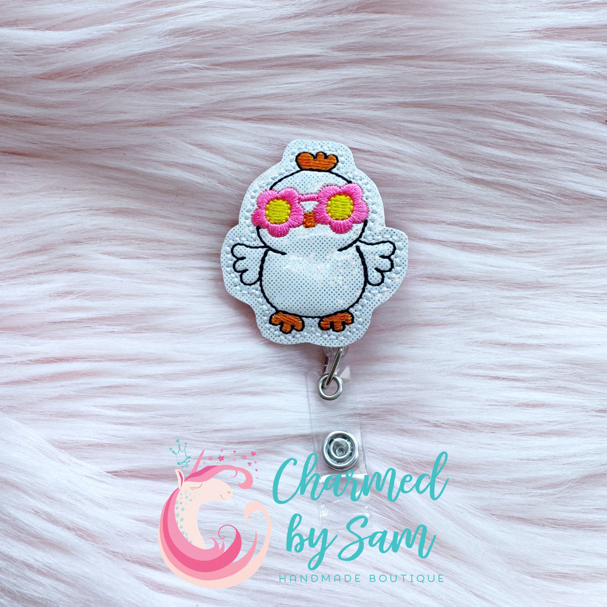 Spring Flower Glasses Chicken Badge Reel